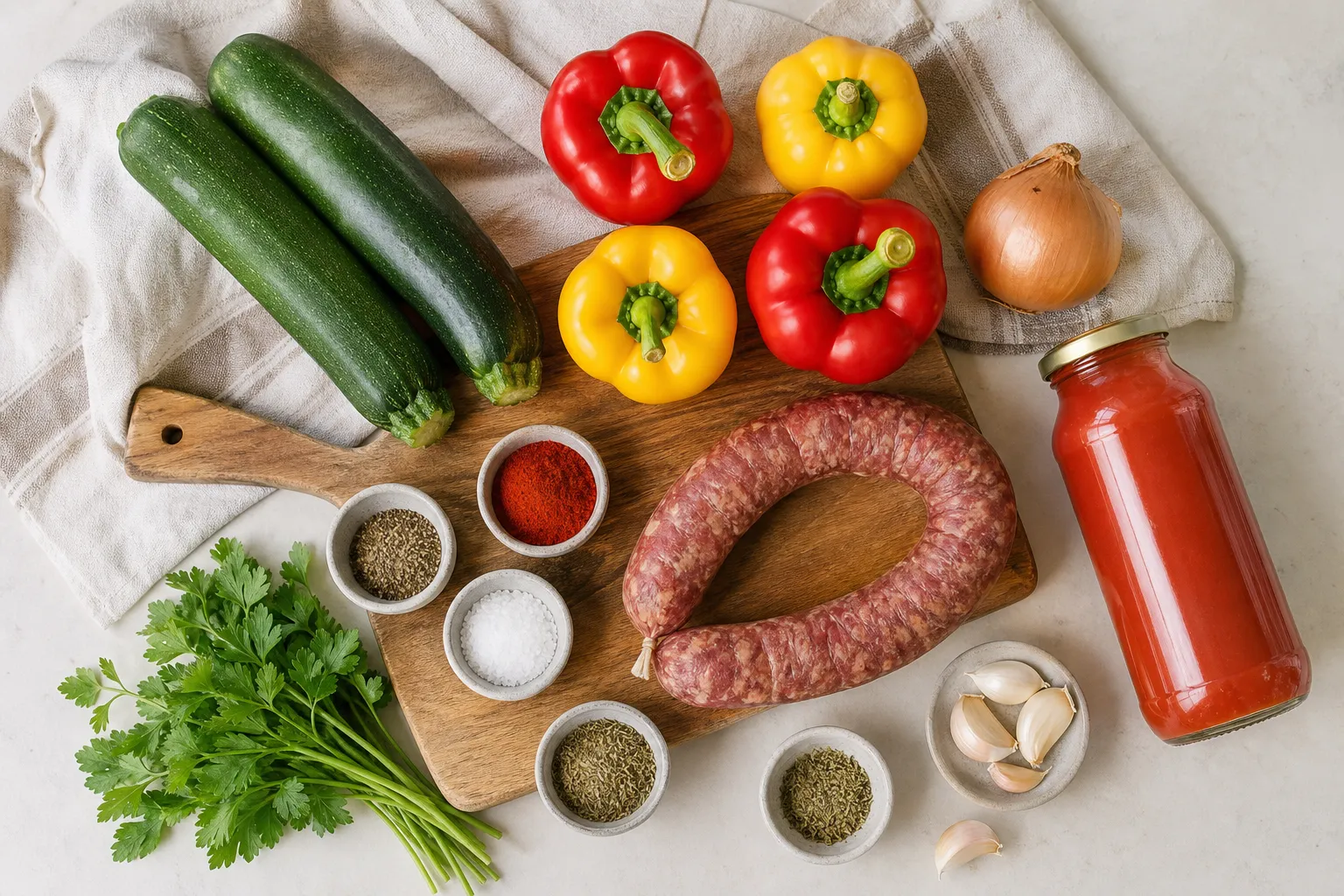 Składniki na leczo z cukinii: cukinia, papryka, cebula, kiełbasa i passata