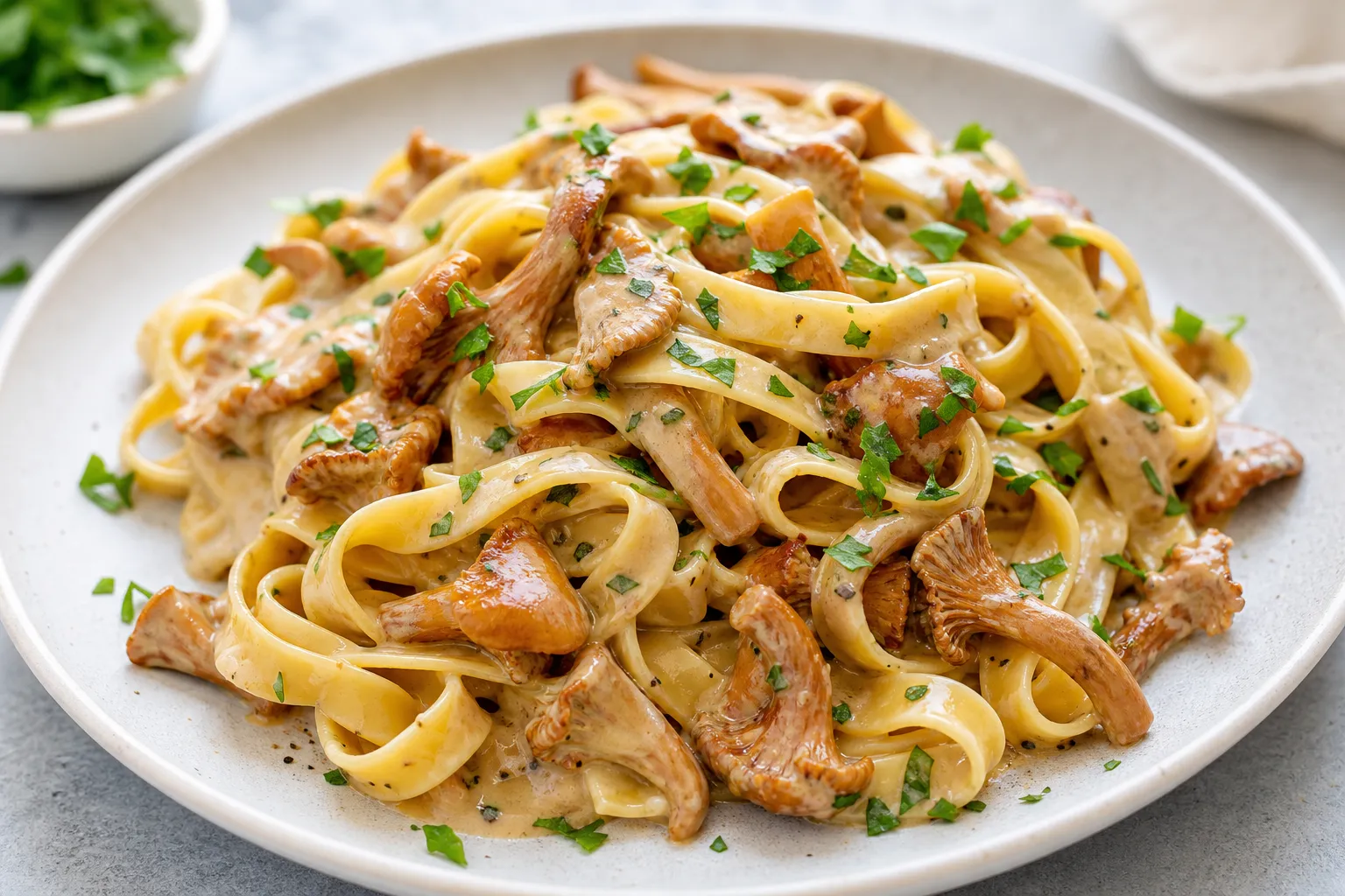 Sos kurkowy podany na makaronie tagliatelle z natką pietruszki